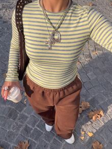 Muchica 大尺碼女款黃色圓領長袖修身休閒運動T恤，適合度假派對，秋季穿搭 - 彩色 - 查看 5
