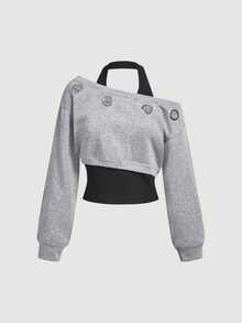 SHEIN MOD 女款眼睛圖案落肩長袖 2 合 1 掛脖領衛衣 - 灰色 - 查看 1