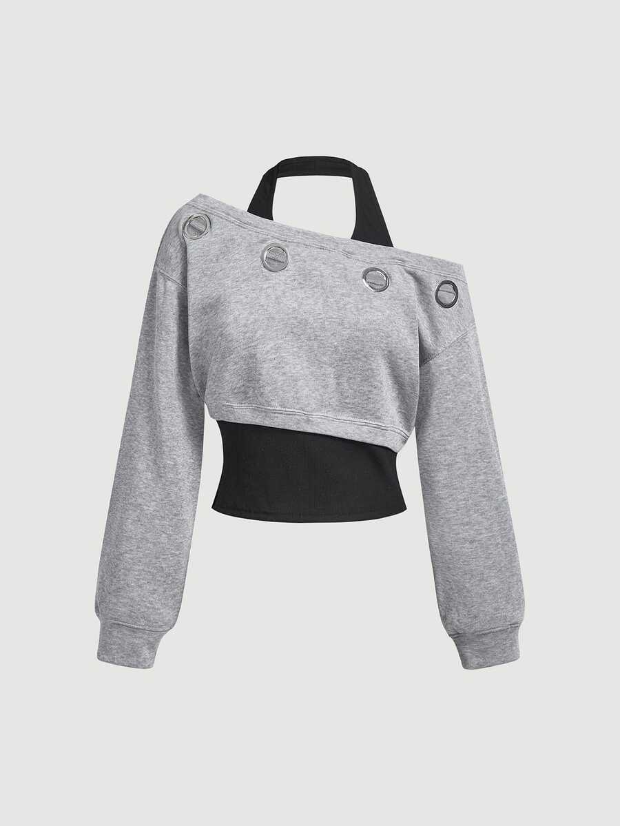 SHEIN MOD 女款眼睛圖案落肩長袖 2 合 1 掛脖領衛衣 - 灰色 - 查看 1