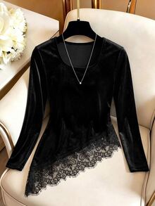 Franclia Women's Lace Patchwork Casual Versatile Daily Wear Blouse - Black - View 1