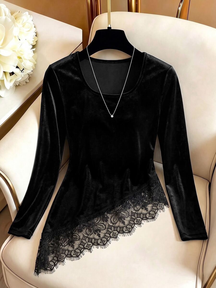 Franclia Women's Lace Patchwork Casual Versatile Daily Wear Blouse - Black - View 1