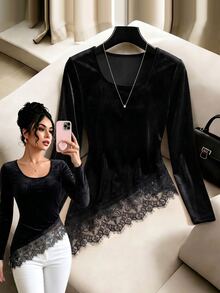 Franclia Women's Lace Patchwork Casual Versatile Daily Wear Blouse - Black - View 7