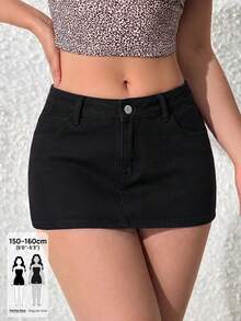 SHEIN PETITE 女款夏季休閒迷你牛仔裙 - 黑色 - 查看 1