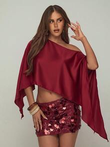 Aloruh Women's Elegant Party Asymmetric Neckline Top & Sequin Skirt 2 Pieces Set - Burgundy - View 7