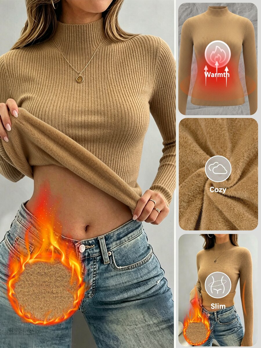 RosyDaze Sweater Wanita Minimalis Kasual Serbaguna Lengan Panjang Berlapisan Bulu untuk Pemakaian Sehari-hari di Rumah, Warna Cokelat Muda, Musim Dingin - Coklat - View 1