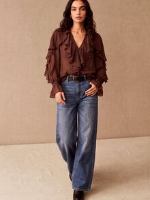 CielaLinda Women's Brown Ruffle Chiffon Blouse, Long Sleeve Elegant Shirt, Flowy Feminine Top - Brown - View 2