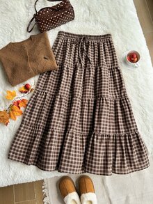 Comfortcana White Tiered Loose Plus Size Skirt - Brown - View 6