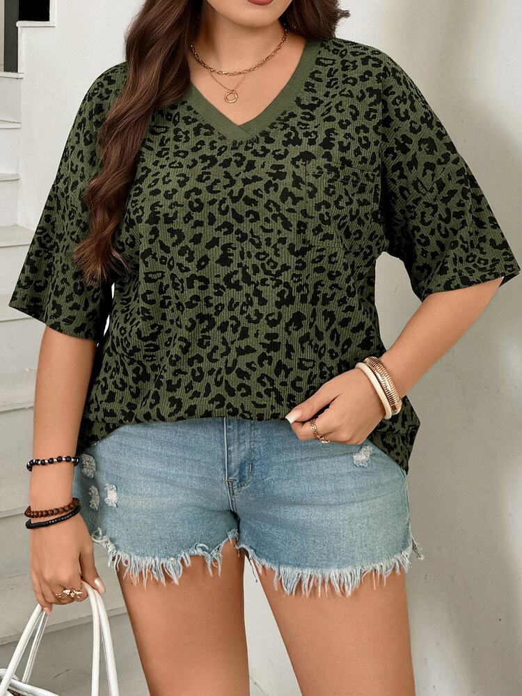 SHEIN LUNE Plus Size Summer Casual Leopard Print T-Shirt - Army Green - View 6