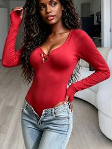 SHEIN Core Rhythm Red Long Sleeve Criss-Cross V-Neck Waist-Cinching Jumpsuit - Red - View 4