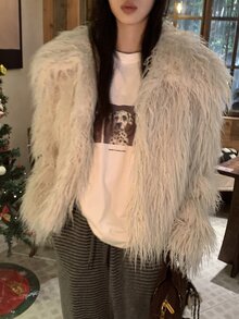 Livesso White Long Curly Faux Fur Loose Short Open Front Long Sleeve Fashion Jacket - White - View 4