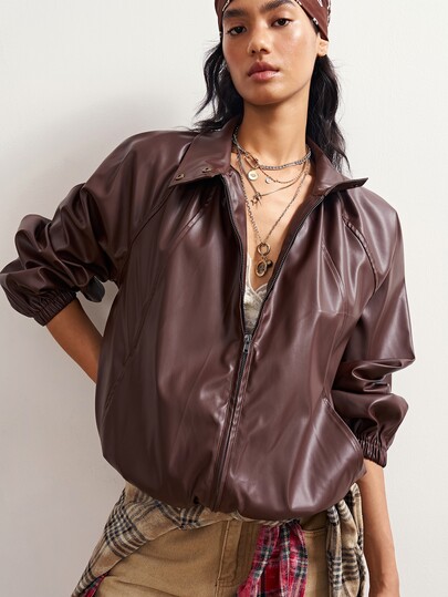 Bohemela Women's Solid Color PU Leather Casual Versatile Daily Wear Jacket