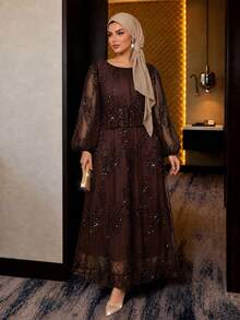 Auveirra Plus Size Elegant Sequin Party Dress Fall - Brown - View 6