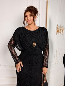 Modelyn Elegant Lace Round Neck Long Sleeve Fitted Regular Fit Plus Size Dress For Spring And Autumn - Black - View 1