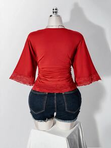 SHEIN ICON 女款大尺碼復古性感千禧風Y2K簡約休閒優雅通勤都市現代蕾絲P - 紅色 - 查看 2