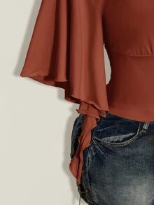 SHEIN ICON 大尺碼女款純色V領休閒日常T恤 - 摩卡棕 - 查看 7