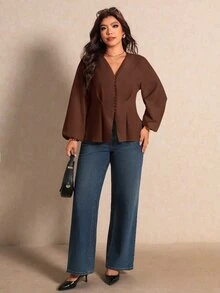 Elaquor 大尺碼優雅通勤純色燈籠袖女式襯衫 - 咖啡棕 - 查看 4