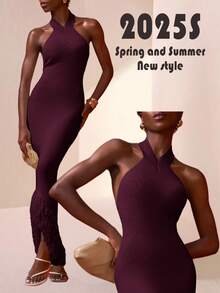 Zivah Women's Solid Color Fitted Elegant Halter Neck Knit Dress - Purple - View 1