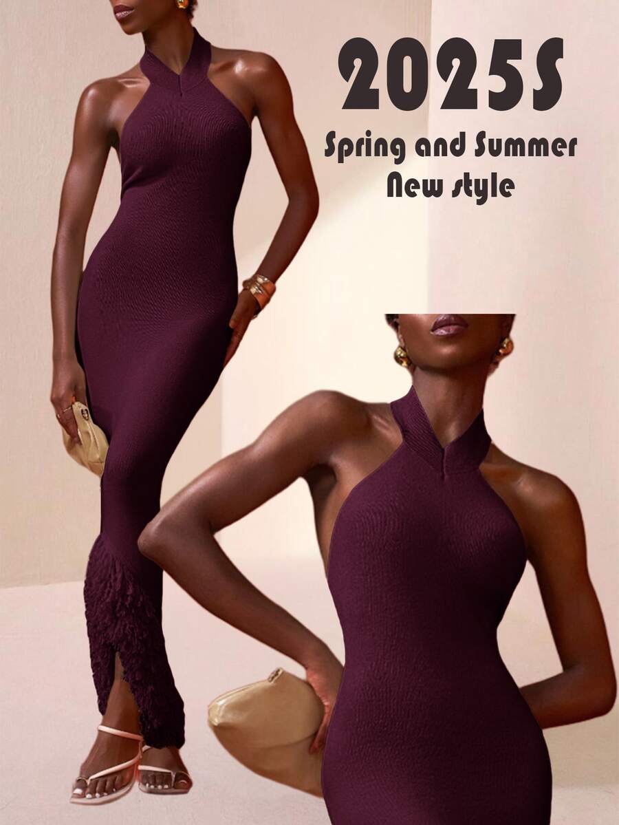 Zivah Women's Solid Color Fitted Elegant Halter Neck Knit Dress - Purple - View 1