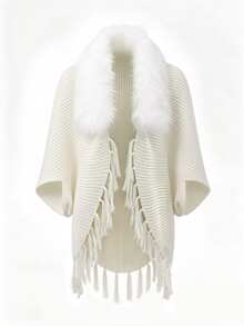 SHEIN Franclia Women's Fur Collar Batwing Sleeve Tassel Design Fashion Knit Cardigan - White - View 6