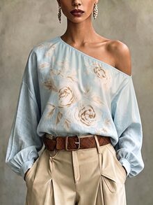Trelyra Women's Blue Elegant Floral Print One-Shoulder Blouse, Suitable For Party And Commute - Blue - View 5