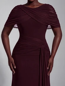 Elitara Elegant Romantic Elastic Knit Mesh Ruched Twisted Drape Design Jacket Sleeve Fishtail Skirt Suitable For Wedding Events, Bachelor Party, Vacation, Dance, Holiday Party, Graduation Season, Evening Gown Dress - Khaki - View 4