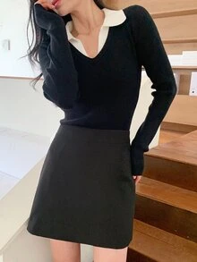 DAZY Women's Korean Style Colorblock Long Sleeve Sweater For Daily Wear - Black - View 5