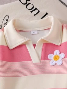 SHEIN 女童學院風 Polo 領兩件套，海軍藍對比色翻領長袖上衣 + 高腰寬腿褲，經典馬術刺繡休閒套裝，春夏秋冬百搭運動風，適合校園與日常穿著 - 粉色 - 查看 8