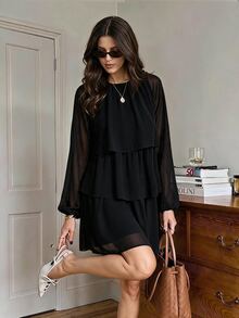 Serisse Women's Solid Color Round Neck Lantern Sleeve Patchwork Ruffle Hem Elegant Dress - Black - View 1
