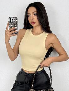 Comfortcana Women's Solid Color Ribbed Brushed Tank Top Suitable For Daily Wear - Beige - View 5