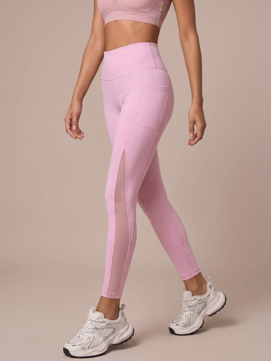 SHEIN BAE Women's Pocket Mesh Patchwork Sports Leggings - Baby Pink - View 1