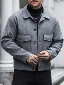 Manfinity CasualCool 男士羊毛單排扣休閒直筒長褲，配雙蓋大貼袋 - 灰色 - 查看 1