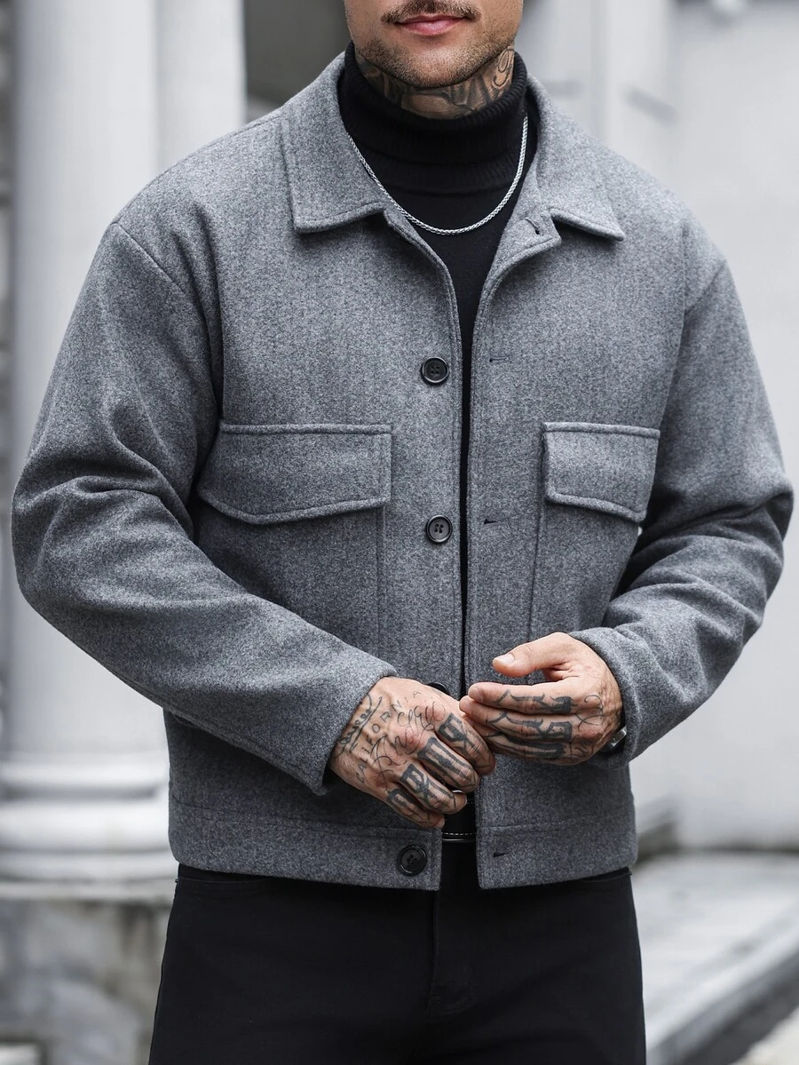 Manfinity CasualCool 男士羊毛單排扣休閒直筒長褲，配雙蓋大貼袋 - 灰色 - 查看 1