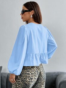 SHEIN EZwear 淺藍色編織女款燈籠袖蝴蝶結長袖休閒襯衫，秋冬款 - 淺藍色 - 查看 2