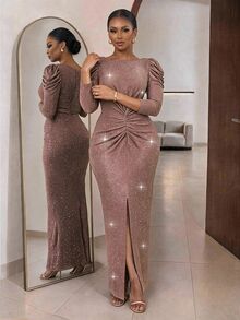 SHEIN Lady فستان أنيق بمقاس كبير مع أكمام بتلات وتجاعيد أمامية وفتحة جانبية - لون شمبانيي - مشاهدة 3