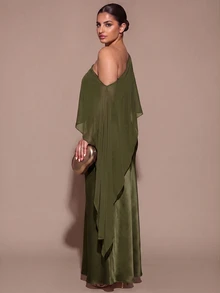 SHEIN BAE CURVE 大尺碼女款優雅長版不對稱單肩洋裝 - 軍綠色 - 查看 2