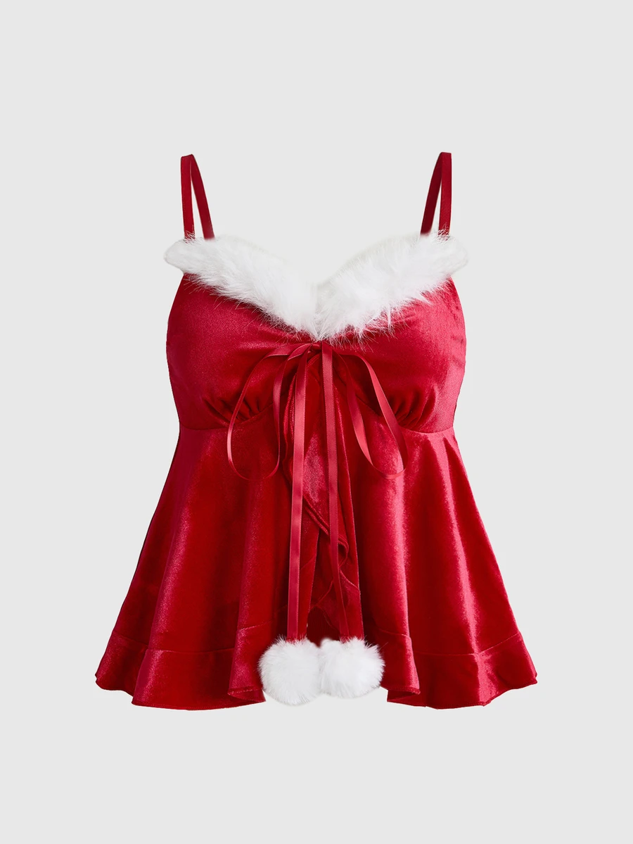 ROMWE Autumn/Winter Christmas Party Sweet Red Plush Fur Trim Decorated Women's Vest - Red - View 1
