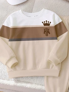 2pcs Toddler Apricot Crown NY Letter Print Fleece Crew Neck Sweatshirt And Matching Print Sweatpants Set, Colorblock Striped, Sports Outdoor Casual, Suitable For Autumn/Winter - Multicolor - View 3