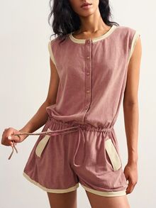 Bohemela Women's Contrast Trim Drawstring Waist Romper - Dusty Pink - View 1