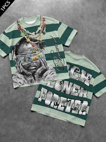 Manfinity EMRG Men's Dark & Light Green Striped Crew Neck Short Sleeve T-Shirt, Vintage Street Millennium Style Top, Portrait Coin & Calligraphy Letter & Large Dollar Sign Text Print On Front & Back, Suitable For Outings, Concerts, Music Festivals, Coachella, Parties, Summer Vacation - Multicolor - View 2