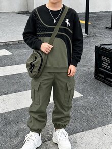 1套數位印花綠色上衣與綠色長褲，青少年男孩長袖運動衫與慢跑工裝褲套裝，休閒酷感 - 彩色 - 查看 1