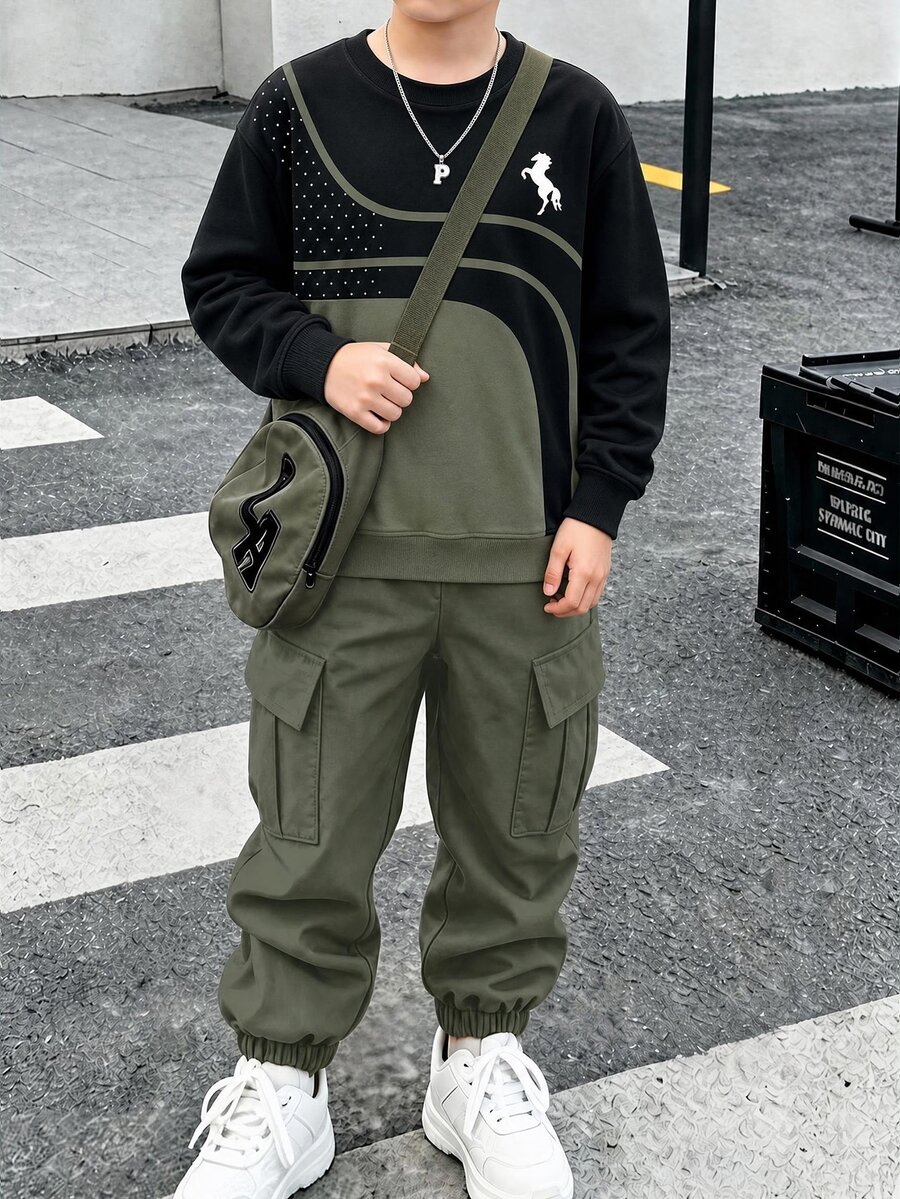 1套數位印花綠色上衣與綠色長褲，青少年男孩長袖運動衫與慢跑工裝褲套裝，休閒酷感 - 彩色 - 查看 1