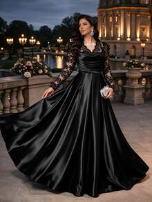 Auveirra Plus Size Women's Lace Patchwork Pleated Elegant Waist-Cinching Party Dress Fall - Black - View 9