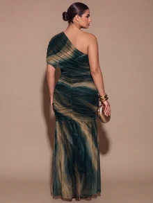 SHEIN BAE CURVE Plus Size Women's Tie-Dye One Shoulder Ruched Dress Fall - Multicolor - View 2