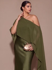 SHEIN BAE CURVE 大尺碼女款優雅長版不對稱單肩洋裝 - 軍綠色 - 查看 6