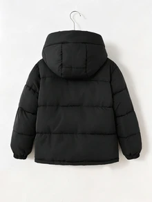 SHEIN 兒童大童女孩簡約舒適寬鬆短版立領加厚保暖冬季外套 - 黑色 - 查看 3