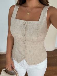 Dazy Plus Solid Color Fitted Square Neck Sleeveless Vest Elegant Vacation Top - Apricot - View 6