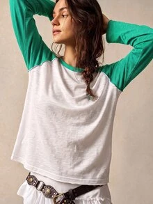 Bohemela 休閒針織拼接寬鬆長袖女款T恤 - 綠色 - 查看 5