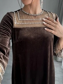 Yasmyna Gaun Pesta Kasual Wanita dengan Motif Jala dan Patchwork - Coklat - View 4