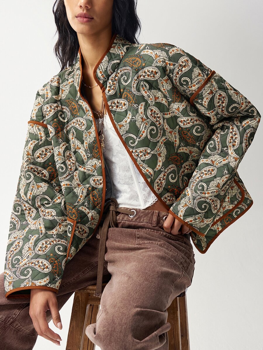 Bohemela Women's Paisley Pattern Drop Shoulder Long Sleeve Casual Regular Fit Jacket - Green - View 1
