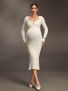 SHEIN Elegant Solid Color Twisted Knot Fitted Knit Maternity Dress - Apricot - View 3